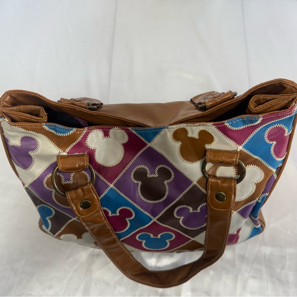 Disney Parks Mickey Mouse Multicolor Patchwork Tote Hobo Sa Bag with Brown Trim - Picture 8 of 14
